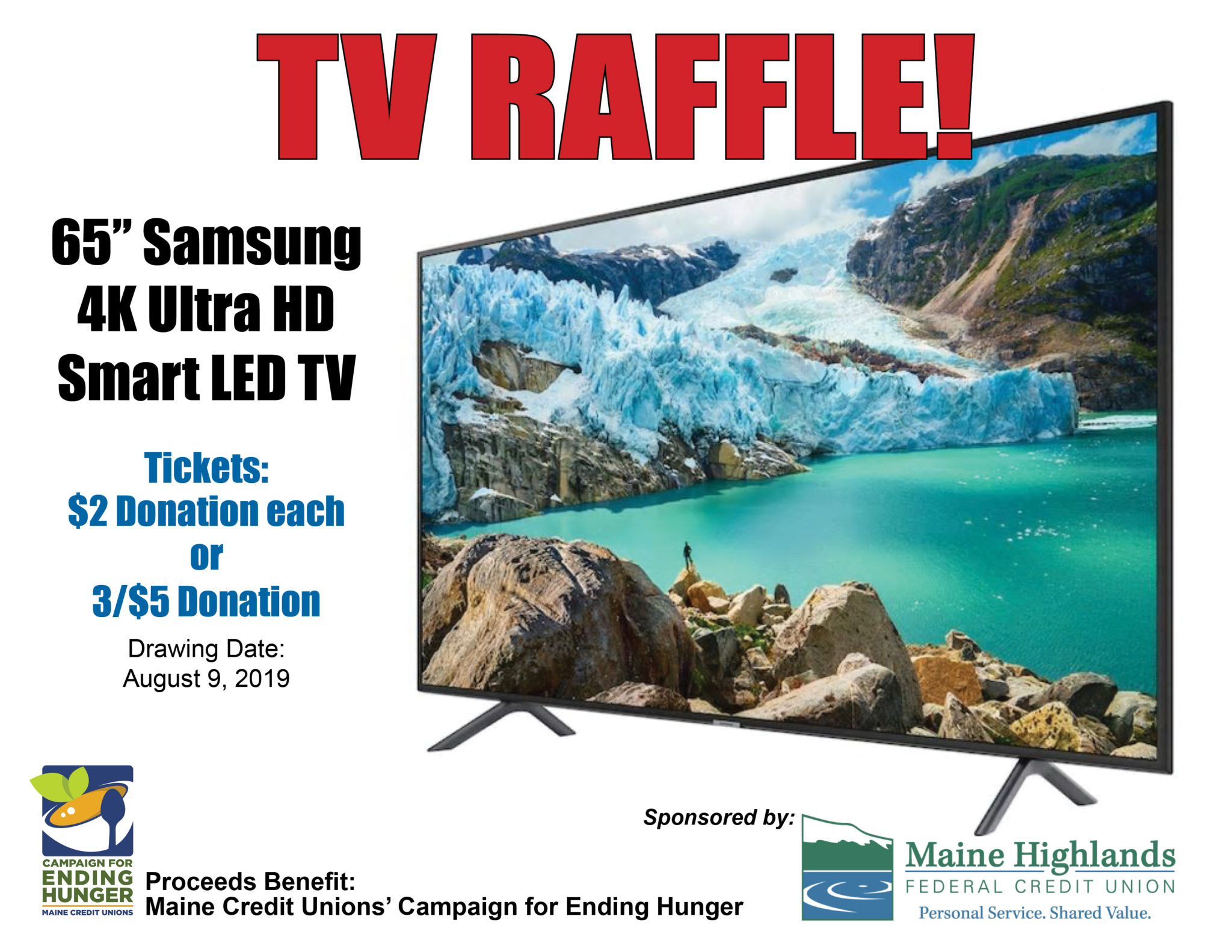 TV Raffle sign Maine Highlands Federal Credit Union